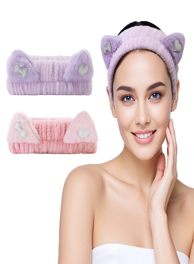 FlyingMage Spa Headband for Washing Face, 2 Pack Cute Cat Ear Hair Band for Shower Yoga Beauty, Fluffy Makeup Headband, Kawaii Facial Headbands for Woman Girls, Dark Pink+Purple Heart - Image 1